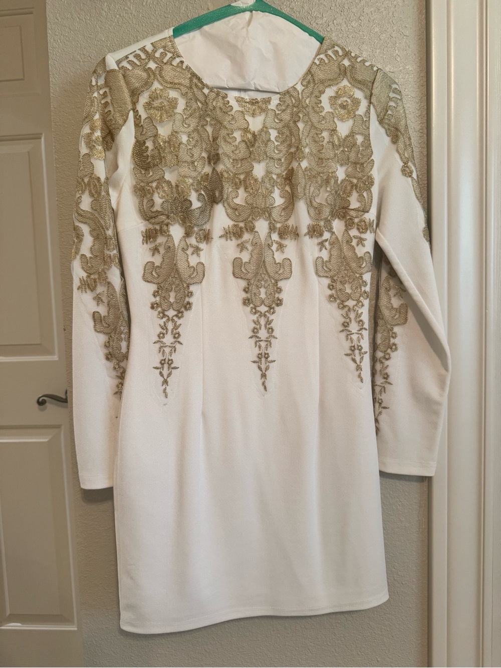 Gianni Bini White Long Sleeve Dress with Gold Lace Embroidery